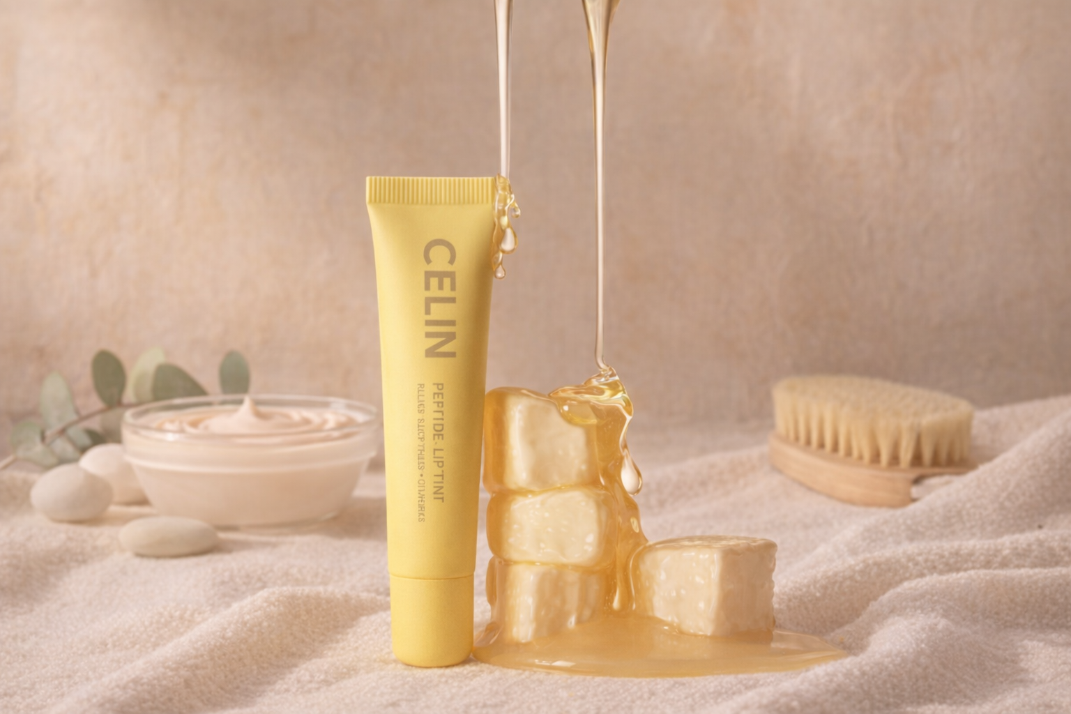 Baume à lèvres CELIN dans un tube jaune avec du miel coulant et des cubes de miel en arrière-plan
